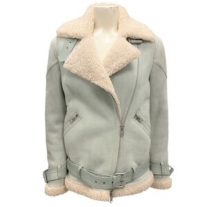 All Saints Light Green Leather Jacket with Cream Accents